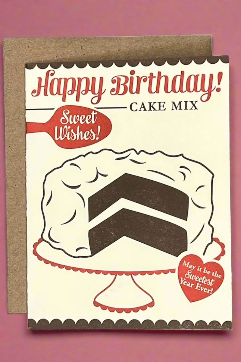 A greeting card that looks like the front of a Betty Crocker cake mix box with the image of a tiered cake on a platter and text that reads ‘Happy Birthday Cake Mix. Sweet Wishes! May it be the sweetest year ever!’
