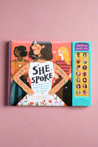 The cover of She Spoke: 14 Women Who Raised Their Voices and Changed the World, an inspirational book with voice buttons to play while reading.