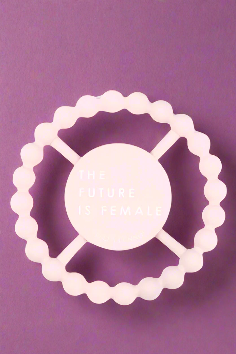 A light pink, silicone Teether.