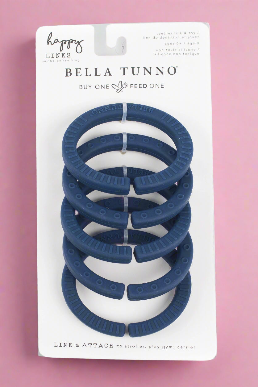 A set of 5 navy silicone teething rings.