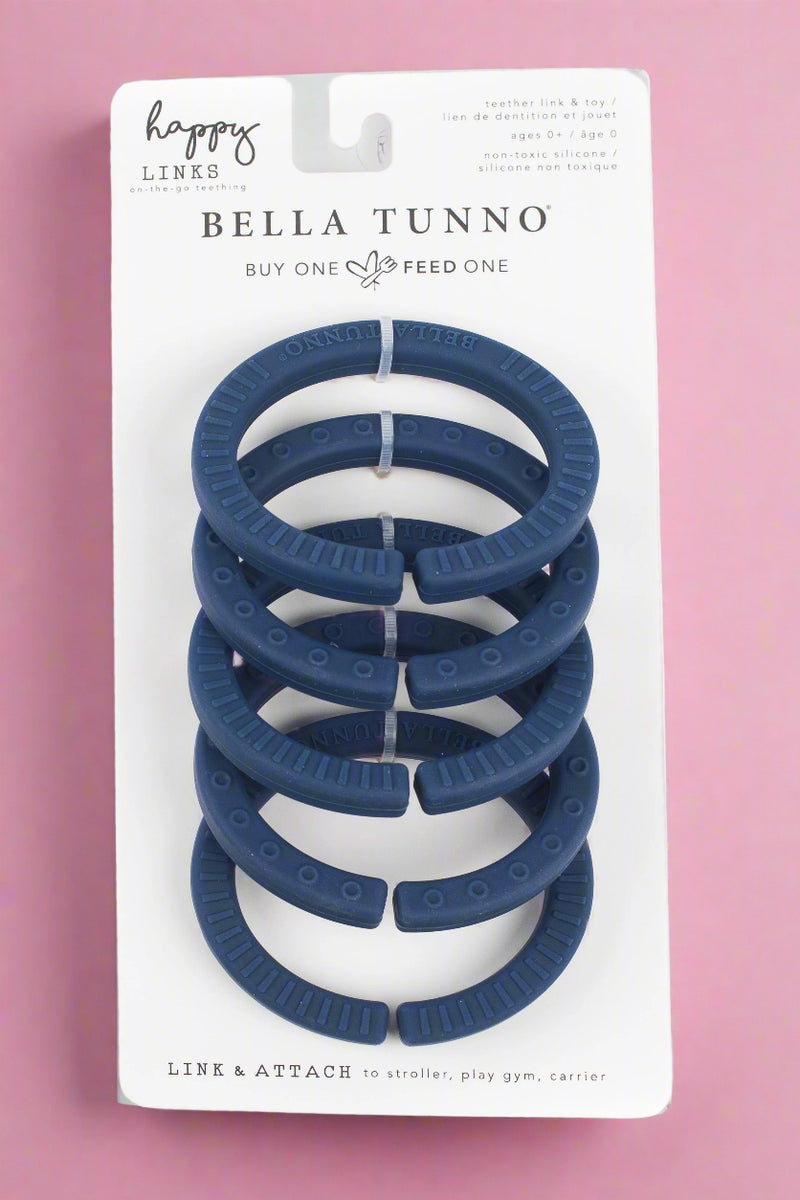 A set of 5 navy silicone teething rings.