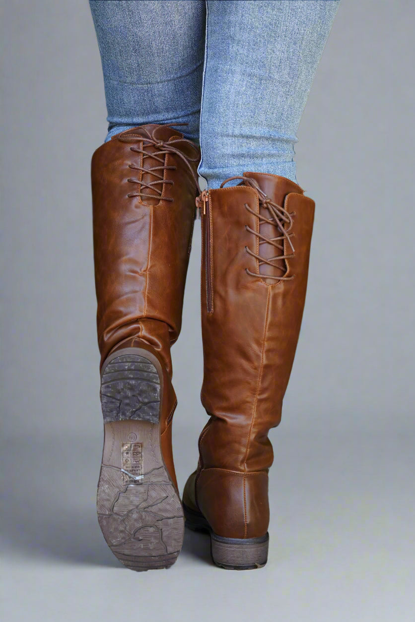 Lace Up Knee High Bootie Cognac