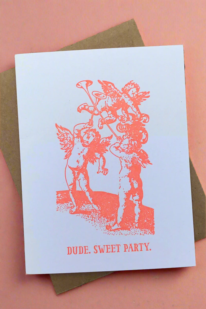 A greeting card with an image of three angels and horns with text underneath that reads ‘Dude. Sweet party.’