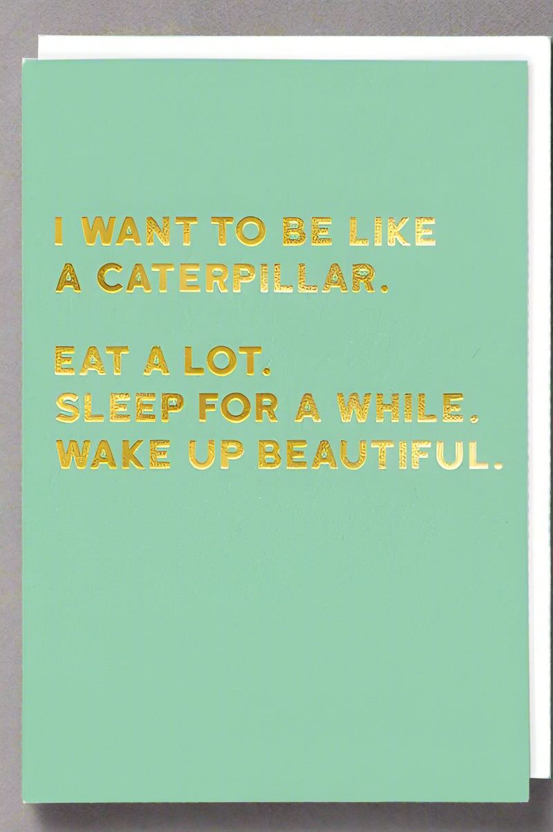A green card with the words “ I want to be like a caterpillar. Eat a lot. Sleep for a while. Wake up beautiful.”