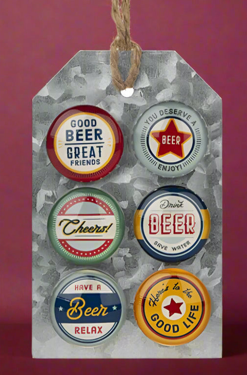 Six round refrigerator magnet on metal hang tag featuring beer themes.