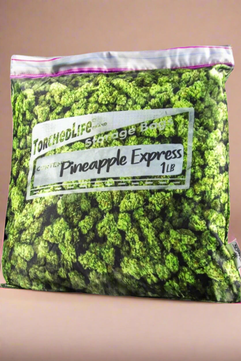 A square throw pillow case that looks like a ziploc bag full of weed that also has a hidden stash pocket.