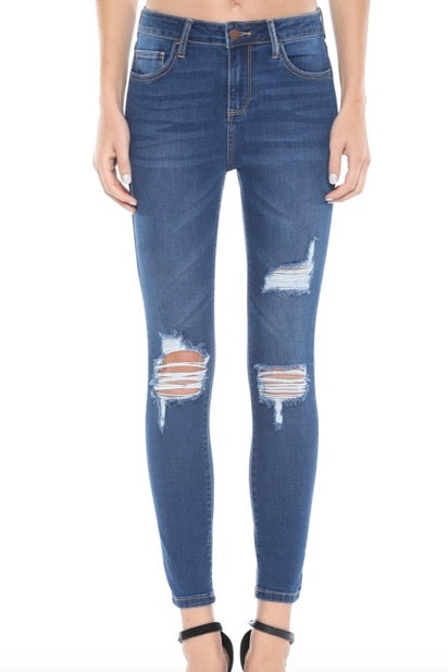 Heavy distressed dark wash ankle length skinny jeans from Cello.