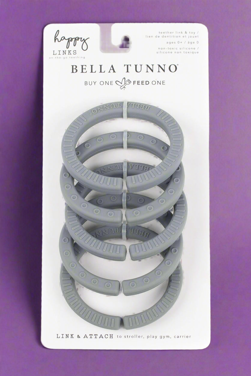 A set of 5 grey silicone teething links. 