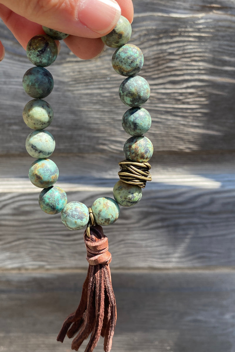 Round Bead Leather Tassel Bracelet
