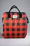 A soft cooler with zipper closure and two side pockets in traditional buffalo plaid.