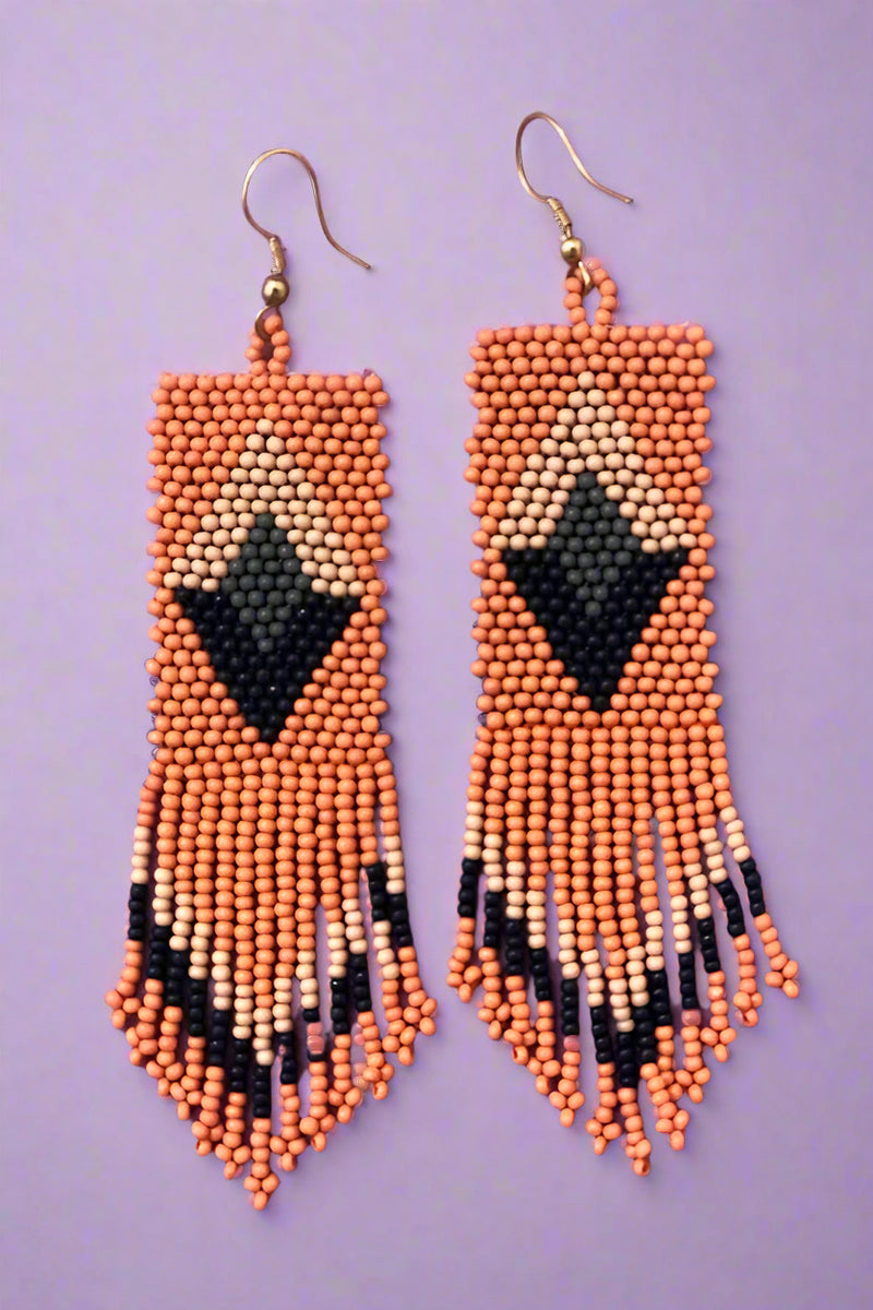 Orange and navy dangle earrings. Made of glass seed beads.