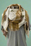 Triangle, winter scarf featuring mustard plaid on one side and burgundy roses with a cream background on the other side.