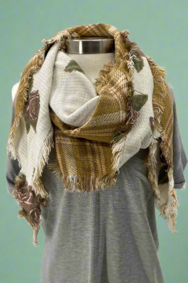 Triangle, winter scarf featuring mustard plaid on one side and burgundy roses with a cream background on the other side.