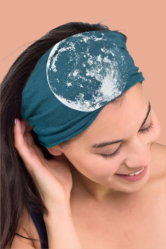 Heathered teal headband featuring a moon print in white across the center.
